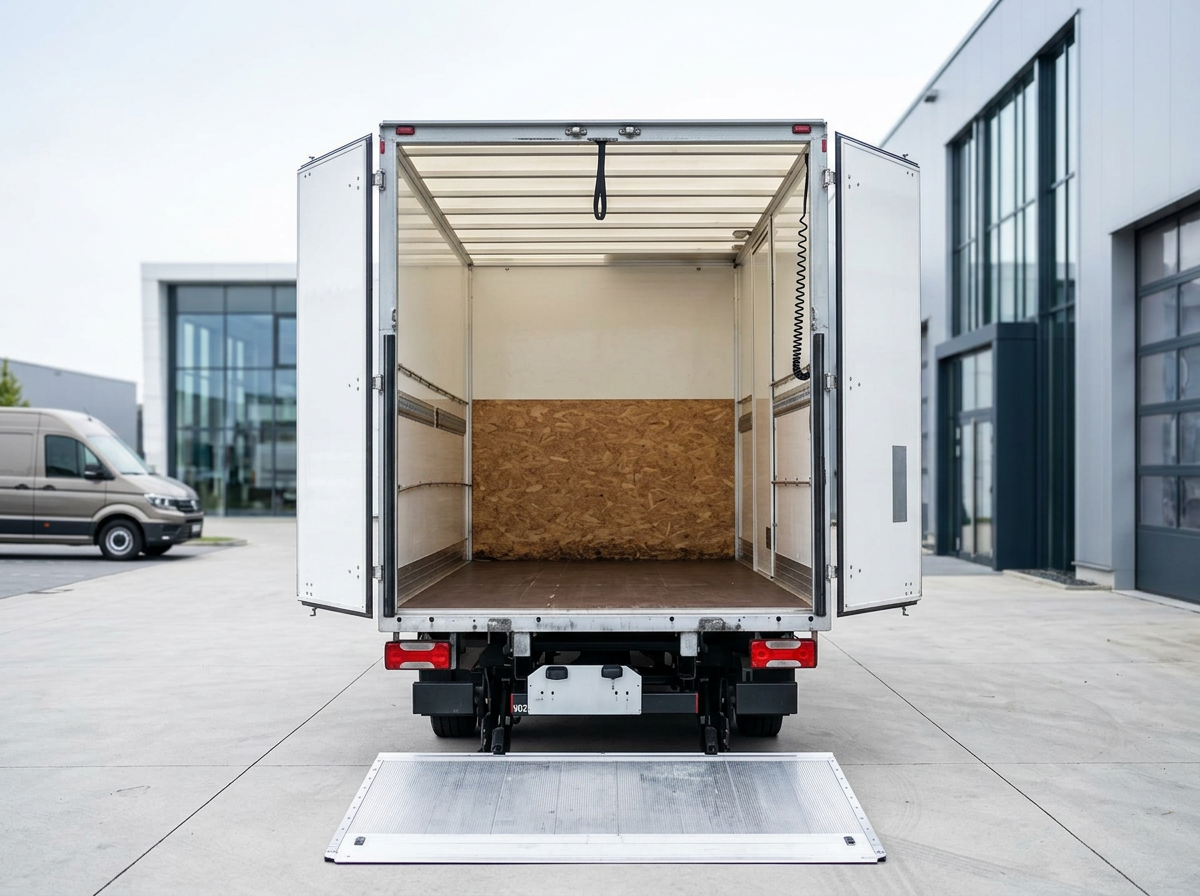 Geöffneter Laderaum des 3,5 t Koffer-Transporters mit ausgefahrener Hebebühne